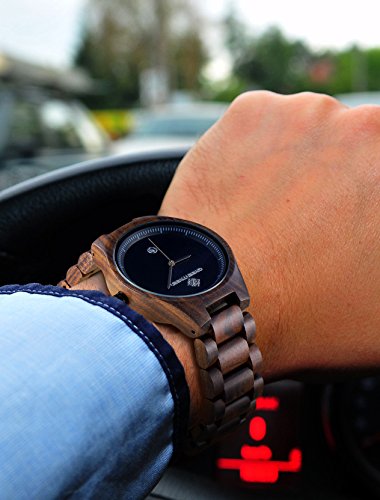 Greentreen Relojes de Pulsera de Madera para Hombre, Analógica Movimiento de Cuarzo Japonés, con Visualización de Fecha (Negro)
