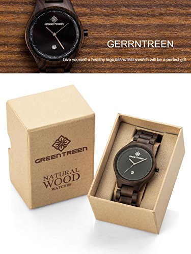 Greentreen Relojes de Pulsera de Madera para Hombre, Analógica Movimiento de Cuarzo Japonés, con Visualización de Fecha (Negro)