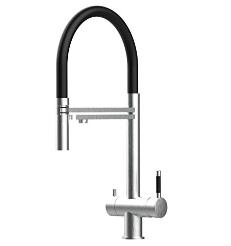 GRIFO DE COCINA ACERO INOXIDABLE CEPILLADO 3 VIAS PARA SISTEMAS DE FILTRO / PURIFICADOR DE AGUA - DOBLE CONDUCTO TOTALMENTE INDEPENDIENTE EL UNO DEL OTRO - DUCHA REMOVIBLE 2 CHORROS - negro