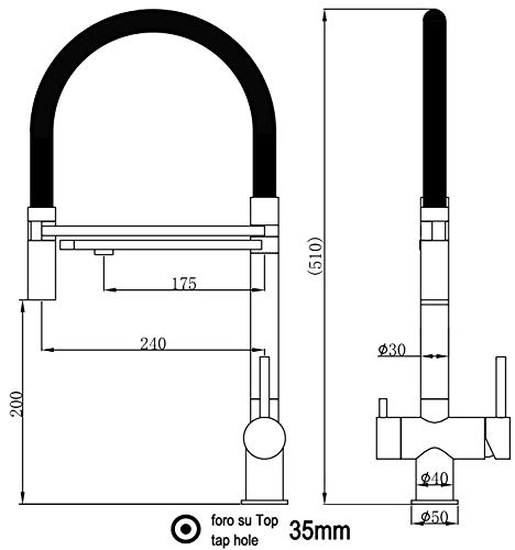GRIFO DE COCINA ACERO INOXIDABLE CEPILLADO 3 VIAS PARA SISTEMAS DE FILTRO / PURIFICADOR DE AGUA - DOBLE CONDUCTO TOTALMENTE INDEPENDIENTE EL UNO DEL OTRO - DUCHA REMOVIBLE 2 CHORROS - negro