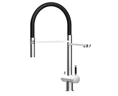 GRIFO DE COCINA ACERO INOXIDABLE CEPILLADO 3 VIAS PARA SISTEMAS DE FILTRO / PURIFICADOR DE AGUA - DOBLE CONDUCTO TOTALMENTE INDEPENDIENTE EL UNO DEL OTRO - DUCHA REMOVIBLE 2 CHORROS - negro
