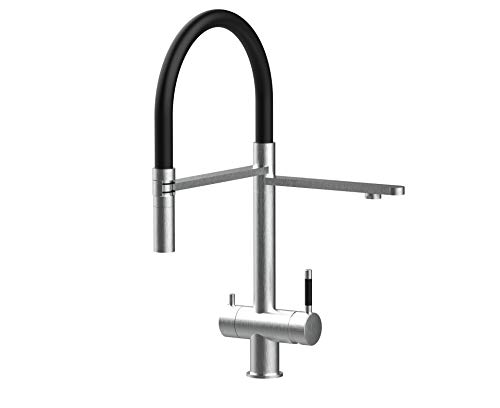 GRIFO DE COCINA ACERO INOXIDABLE CEPILLADO 3 VIAS PARA SISTEMAS DE FILTRO / PURIFICADOR DE AGUA - DOBLE CONDUCTO TOTALMENTE INDEPENDIENTE EL UNO DEL OTRO - DUCHA REMOVIBLE 2 CHORROS - negro