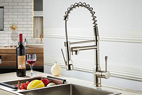 Grifo de cocina comercial con pulverizador desplegable Níquel cepillado moderno de una manija Arco alto, Grifos de fregadero de cocina de latón de un solo nivel, Beelee BL7091N
