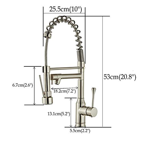 Grifo de cocina comercial con pulverizador desplegable Níquel cepillado moderno de una manija Arco alto, Grifos de fregadero de cocina de latón de un solo nivel, Beelee BL7091N