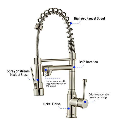 Grifo de cocina comercial con pulverizador desplegable Níquel cepillado moderno de una manija Arco alto, Grifos de fregadero de cocina de latón de un solo nivel, Beelee BL7091N