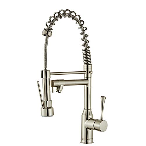 Grifo de cocina comercial con pulverizador desplegable Níquel cepillado moderno de una manija Arco alto, Grifos de fregadero de cocina de latón de un solo nivel, Beelee BL7091N