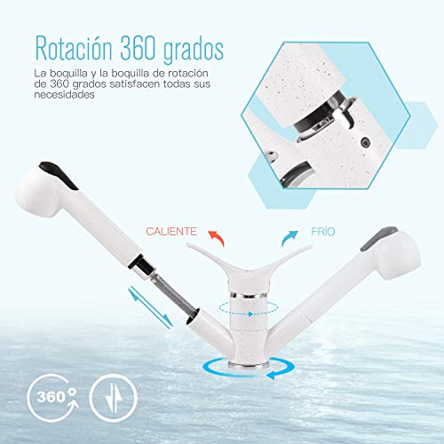 Grifo de Cocina, Dalmo DBKF09KY Grifo Cocina Giratorio a 360º Grifería Monomando para Fregadero de Cocina Acabado Cerámico 2 modos Grifo Extraíble Ahorra agua 30%