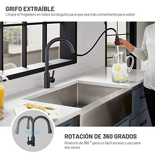 Grifo de Cocina, TACKLIFE DAKF9F Grifo para Fregadero de Acero Inoxidable, Grifo Cocina con Ducha Extraíble de 3 Modos de Chorro, Grifo Giratorio de 360 °, Grifo Monomando Mezcla Agua Fría y Caliente