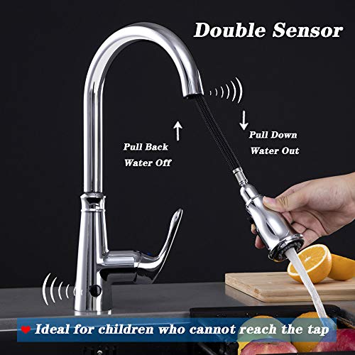 Grifo de fregadero de cocina sin contacto con dos sensores, sensor automático, grifo mezclador de fregadero de cocina con rociador desplegable con boquilla giratoria de una sola palanca, plateado