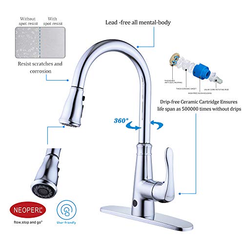 Grifo de fregadero de cocina sin contacto con dos sensores, sensor automático, grifo mezclador de fregadero de cocina con rociador desplegable con boquilla giratoria de una sola palanca, plateado