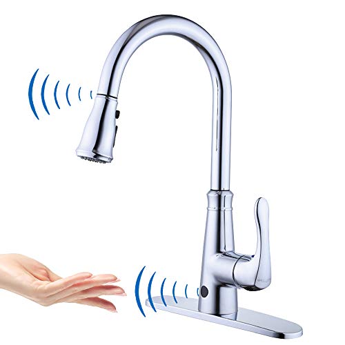 Grifo de fregadero de cocina sin contacto con dos sensores, sensor automático, grifo mezclador de fregadero de cocina con rociador desplegable con boquilla giratoria de una sola palanca, plateado