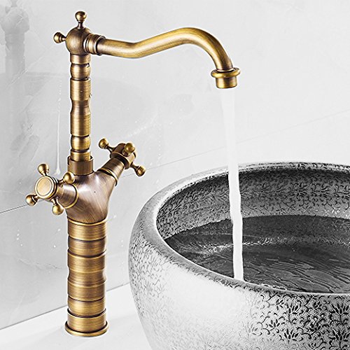 Grifo de lavabo para fregadero con caño giratorio grifo de lavabo Latón Agua Caliente y Fría Lavabo,caliente y frío,cobre total,orificio único,estilo retro europeo,grifo para lavamanos,(38.5 * 20 cm)