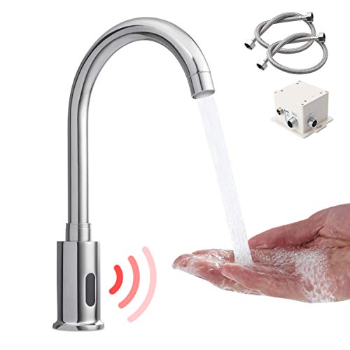 Grifo de sensor de latón con luz de fuego automático con sensor infrarrojo inteligente sin contacto para fregadero de cocina (2 mangueras incluidas)