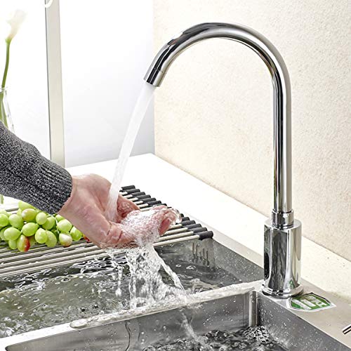 Grifo de sensor de latón con luz de fuego automático con sensor infrarrojo inteligente sin contacto para fregadero de cocina (2 mangueras incluidas)