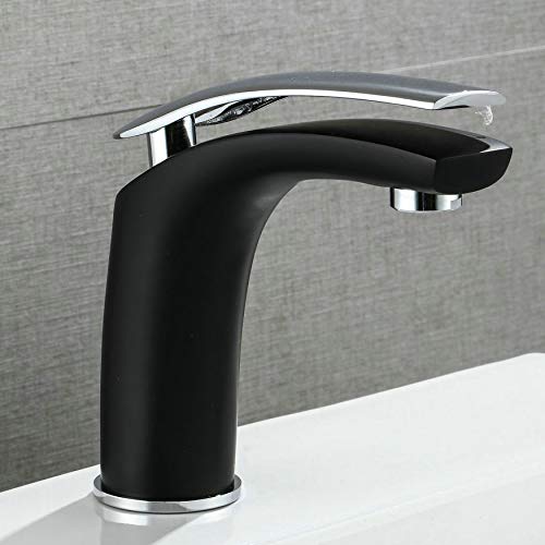 Grifo mezclador para lavabo moderno Acabado en negro Manija cromada Unos golpecitos para baño Grifo para lavamanos de 1 orificio de montaje elegante Leekayer