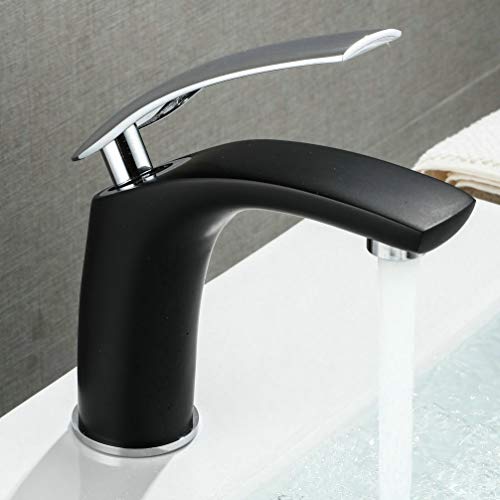 Grifo mezclador para lavabo moderno Acabado en negro Manija cromada Unos golpecitos para baño Grifo para lavamanos de 1 orificio de montaje elegante Leekayer