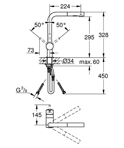 Grohe 30274000 Minta - Grifo de Cocina Monomando, Caño Giratorio de 360°, Caño Alto en L, Cabezal Extraíble