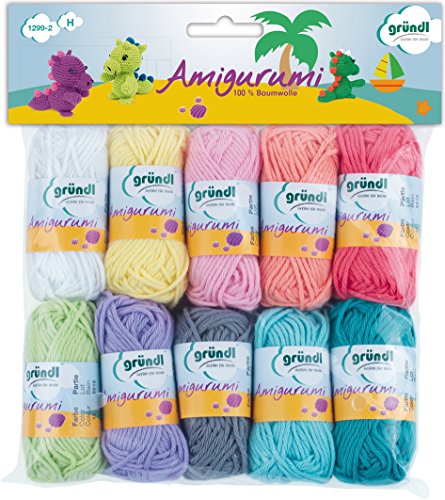 Gründl Amigurumi Kit de Ganchillos, Algodón, Multicolor, 19.50x18x2.6 cm, 1 pack de 10 unidades
