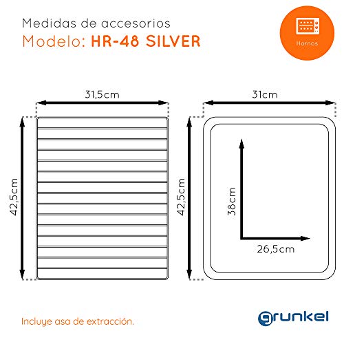 Grunkel - HR-48 Silver - Horno eléctrico multifunción de sobremesa de 48l con 3 Funciones de Calor y selector de Temperatura hasta 230ºC. Temporizador hasta 60 min - 2200W - Silver