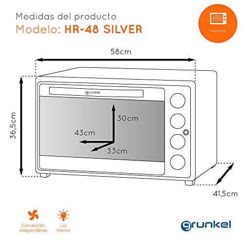 Grunkel - HR-48 Silver - Horno eléctrico multifunción de sobremesa de 48l con 3 Funciones de Calor y selector de Temperatura hasta 230ºC. Temporizador hasta 60 min - 2200W - Silver