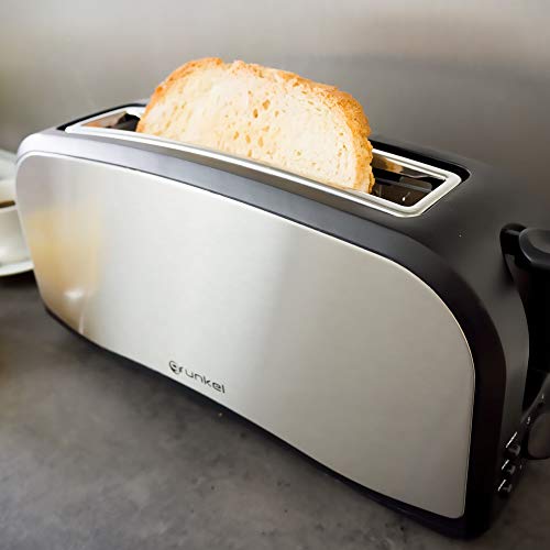 Grunkel - Tostadora en Acero Inoxidable de Doble Ranura Larga para Pan de 1400W de Potencia. Funciones descongelar y Calentar sin tostar. 7 Niveles de Tostado y Bandeja Recoge Migas. Modelo TSM-L24
