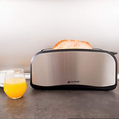 Grunkel - Tostadora en Acero Inoxidable de Doble Ranura Larga para Pan de 1400W de Potencia. Funciones descongelar y Calentar sin tostar. 7 Niveles de Tostado y Bandeja Recoge Migas. Modelo TSM-L24