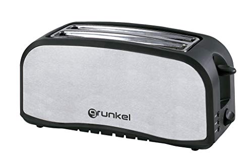 Grunkel - Tostadora en Acero Inoxidable de Doble Ranura Larga para Pan de 1400W de Potencia. Funciones descongelar y Calentar sin tostar. 7 Niveles de Tostado y Bandeja Recoge Migas. Modelo TSM-L24