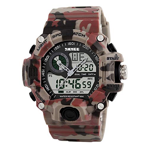 GSCCC Cara Grande al Aire Libre del Reloj del Deporte LED de Doble Pantalla electrónica de los Hombres del Reloj Multifuncional por Masculino, Impermeable WatchGMT Hora Dual Red Camouflage