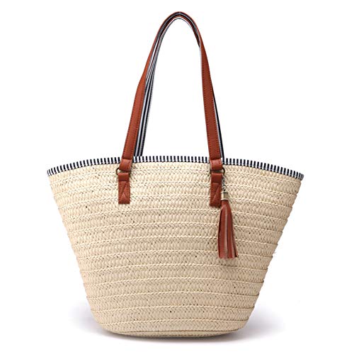 GSERA Bolso de Mano Grande de Paja Bolso Tejido con Borla Simple Bolso de Hombro para Mujer Bolso de Playa Bolso de Viaje para Mujer