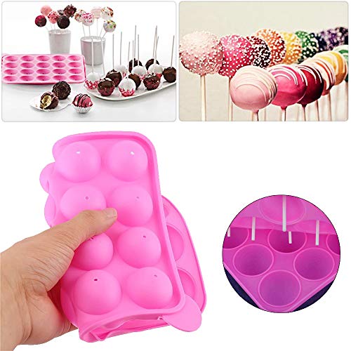 Guanici Molde Lollipop Cake pops molde Molde de Silicona para Cake Pop Bandeja esférica Bandeja de hielo con 20 piezas Palos Molde para hornear de cocina para dulces, gelatina y chocolate (rosa)