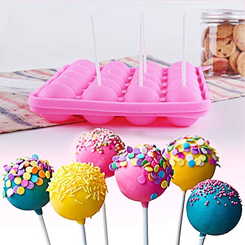 Guanici Molde Lollipop Cake pops molde Molde de Silicona para Cake Pop Bandeja esférica Bandeja de hielo con 20 piezas Palos Molde para hornear de cocina para dulces, gelatina y chocolate (rosa)