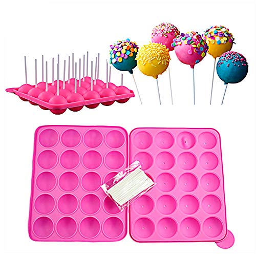 Guanici Molde Lollipop Cake pops molde Molde de Silicona para Cake Pop Bandeja esférica Bandeja de hielo con 20 piezas Palos Molde para hornear de cocina para dulces, gelatina y chocolate (rosa)