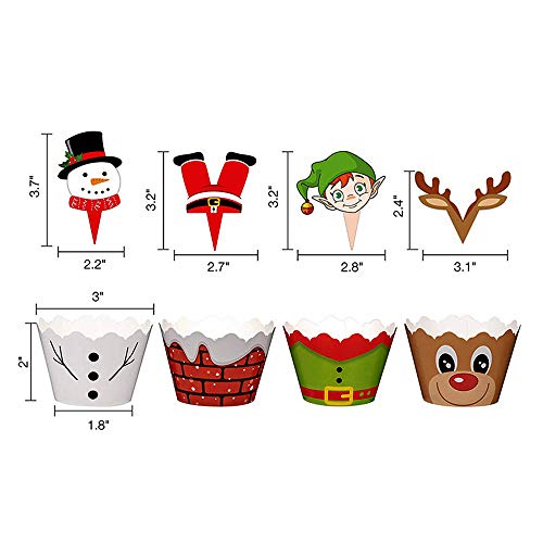 Guanici Navidad Cupcake Toppers Envoltorios de Pastel de Navidad Bricolaje Papeles Magdalenas Reno de muñeco de Nieve Elfo de Santa Claus Decoración de Cupcakes para Fiesta de Navidad 48 Piezas