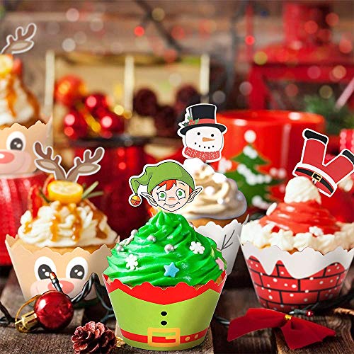Guanici Navidad Cupcake Toppers Envoltorios de Pastel de Navidad Bricolaje Papeles Magdalenas Reno de muñeco de Nieve Elfo de Santa Claus Decoración de Cupcakes para Fiesta de Navidad 48 Piezas