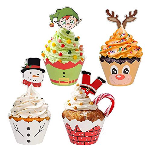 Guanici Navidad Cupcake Toppers Envoltorios de Pastel de Navidad Bricolaje Papeles Magdalenas Reno de muñeco de Nieve Elfo de Santa Claus Decoración de Cupcakes para Fiesta de Navidad 48 Piezas