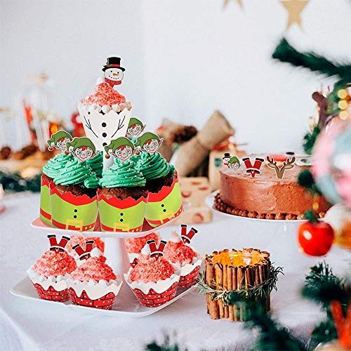 Guanici Navidad Cupcake Toppers Envoltorios de Pastel de Navidad Bricolaje Papeles Magdalenas Reno de muñeco de Nieve Elfo de Santa Claus Decoración de Cupcakes para Fiesta de Navidad 48 Piezas