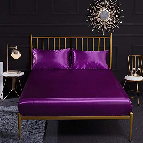 GUANLIDE sábanas Ajustables,Sábana Bajera de Seda Suave, Funda de Cama de satén, sábana de Dormitorio para el hogar, sábanas de Cama tamaño Queen Twin King Size @ Purple_200 * 200 * 40 cm