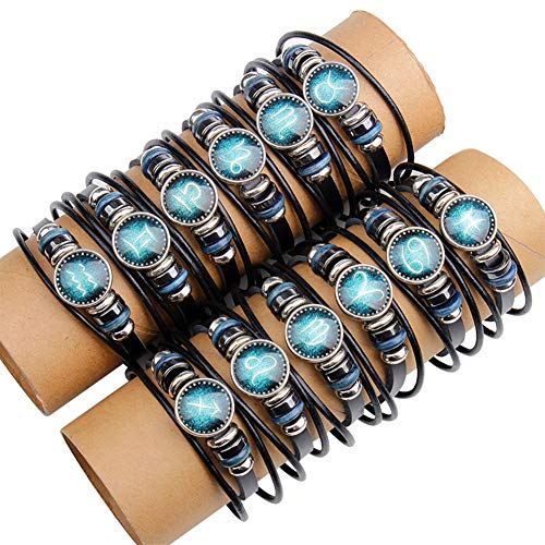 GuDeKe Retro 12 Zodiaco Pulsera de la constelación Pulsera de Cuero con Cuentas (Tauro)