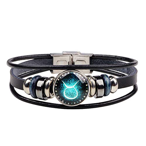 GuDeKe Retro 12 Zodiaco Pulsera de la constelación Pulsera de Cuero con Cuentas (Tauro)
