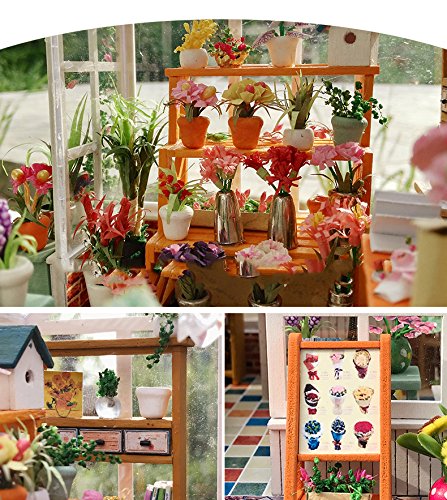 GuDoQi Casa De Muñecas, Manualidades Adultos, Casas para Construir en Miniature, DIY Kit de Casa de Muñecas en Miniatura de Madera 3D con Muebles Y Música, Luz Led, Hermosa Tienda de Flores