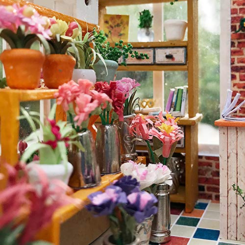 GuDoQi Casa De Muñecas, Manualidades Adultos, Casas para Construir en Miniature, DIY Kit de Casa de Muñecas en Miniatura de Madera 3D con Muebles Y Música, Luz Led, Hermosa Tienda de Flores