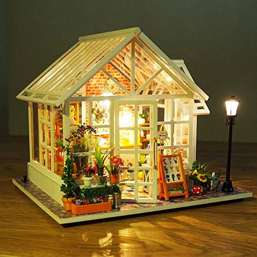 GuDoQi Casa De Muñecas, Manualidades Adultos, Casas para Construir en Miniature, DIY Kit de Casa de Muñecas en Miniatura de Madera 3D con Muebles Y Música, Luz Led, Hermosa Tienda de Flores