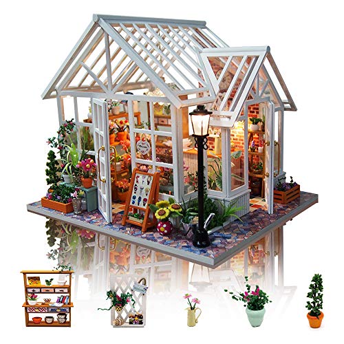 GuDoQi Casa De Muñecas, Manualidades Adultos, Casas para Construir en Miniature, DIY Kit de Casa de Muñecas en Miniatura de Madera 3D con Muebles Y Música, Luz Led, Hermosa Tienda de Flores