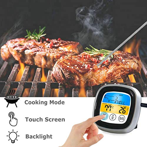 GuDoQi Termometro de Cocina, Sonda De Repuesto Incluida, Botón De Pantalla Táctil, 8 Opciones De Carne Preestablecidas, Termómetro De Cocción para Pavo, Hornear, Freír Filete, Barbacoa