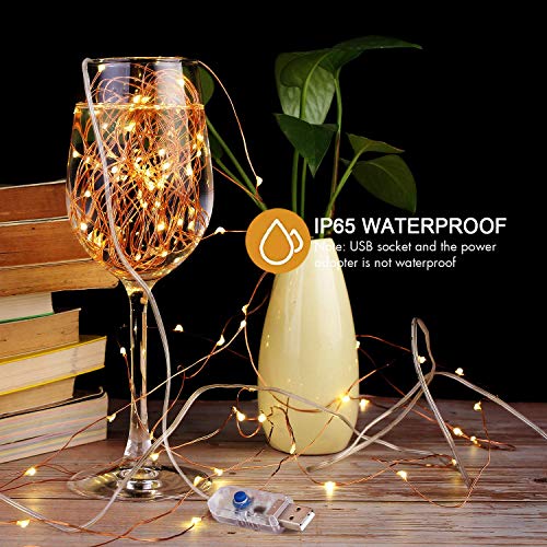 Guirnalda de luces de hada, 120 LED, 12 m, 8 modos, enchufe USB, luces alimentadas, impermeables, para exterior/interior, con temporizador remoto para dormitorio, fiesta, boda, Navidad (blanco cálido)