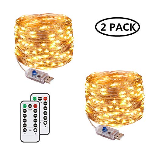 Guirnalda de luces de hada, 120 LED, 12 m, 8 modos, enchufe USB, luces alimentadas, impermeables, para exterior/interior, con temporizador remoto para dormitorio, fiesta, boda, Navidad (blanco cálido)