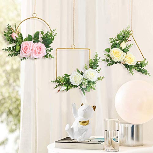 Guirnalda Pauwer Conjunto de 3 Guirnaldas Florales de Rosas Hechas a Mano con eucalipto Anillos de Metal Dorado Guirnalda de Aros Florales para el hogar, Fiestas, Puertas, Bodas