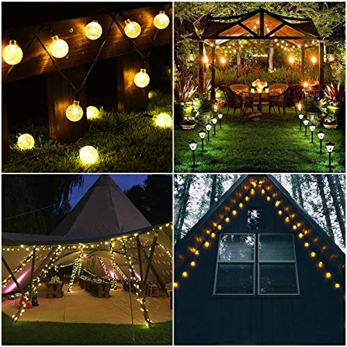 Guirnaldas Luces Exterior Solares, FOCHEA 7M Cadena de Bola Cristal Luz Impermeable 8 Modos de Iluminación para Jardín, Terraza, Boda, Fiesta, Patio, Árbol de Navidad (Blanco Cálido)