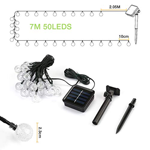 Guirnaldas Luces Exterior Solares, FOCHEA 7M Cadena de Bola Cristal Luz Impermeable 8 Modos de Iluminación para Jardín, Terraza, Boda, Fiesta, Patio, Árbol de Navidad (Blanco Cálido)