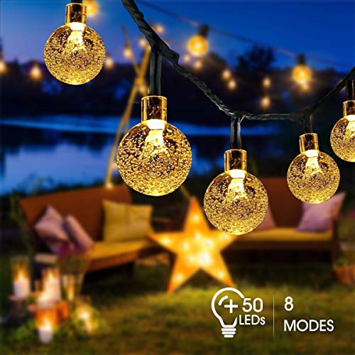 Guirnaldas Luces Exterior Solares, FOCHEA 7M Cadena de Bola Cristal Luz Impermeable 8 Modos de Iluminación para Jardín, Terraza, Boda, Fiesta, Patio, Árbol de Navidad (Blanco Cálido)